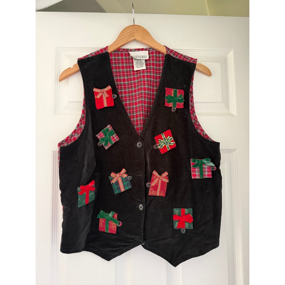 VTG 90s Plaid Velvet Holiday Embroidered Vest Retro Festive Ugly Christmas